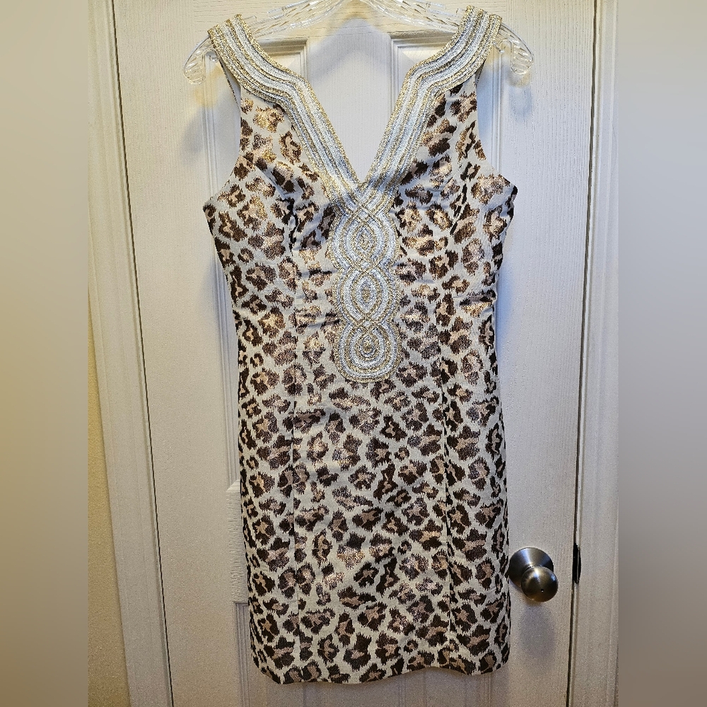 Lilly Pulitzer Valli Shift Dress in Gold Metallic Leopard Jacquard Sz 0 Party